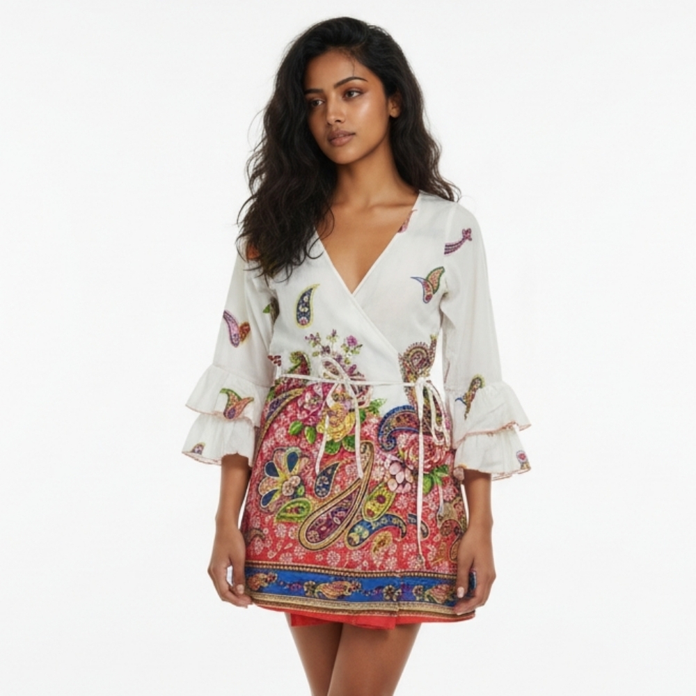 Z&L Europe Floral Paisley Ruffle 3/4 Sleeve Wrap Mini Dress S